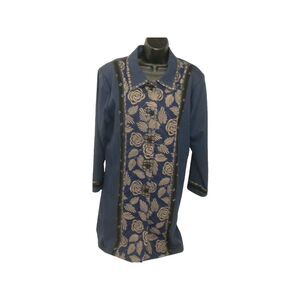 Koos Of Course Jacket L Blue Duster Button‎ Down Country Floral Pockets Lined